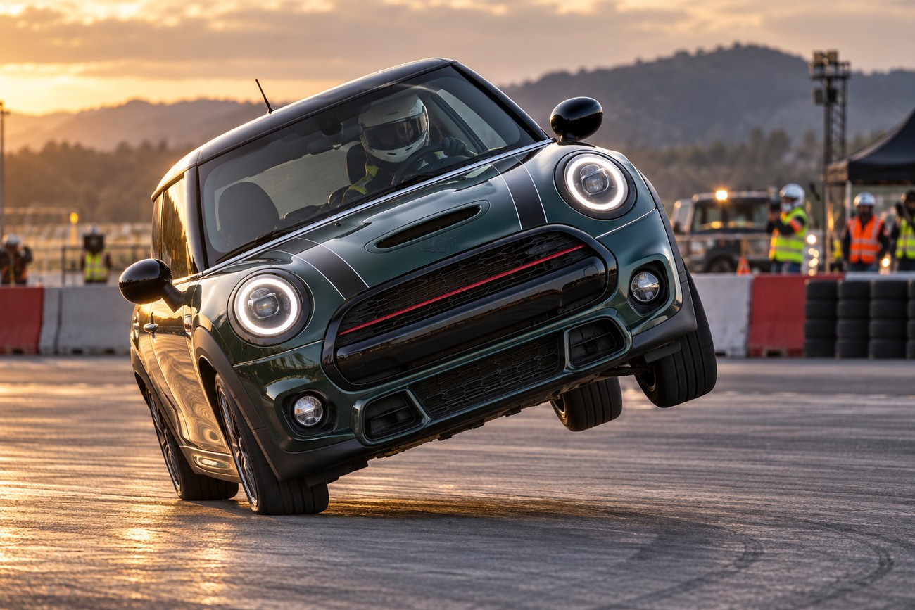 A green Mini Cooper balancing on two wheels with a stunt driver wearing a helmet inside during an outdoor performance