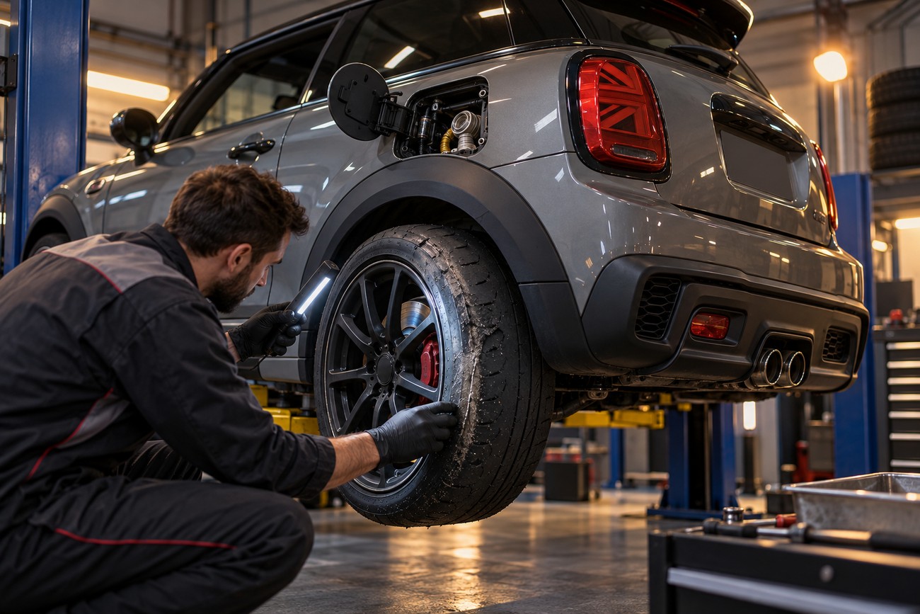 Mechanic wearing gloves inspects the heavily worn rear tire of a lifted grey Mini Cooper with a flashlight in a garage
