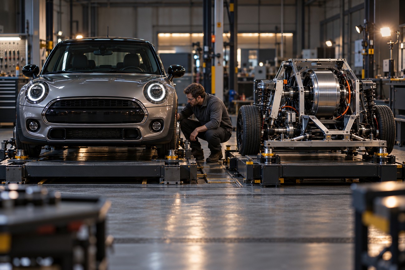 A professional mechanic examining the suspension system and wheels of a gray Mini car inside a modern workshop