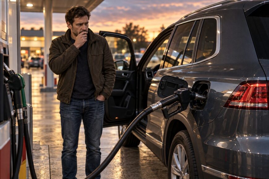 A worried man standing next to his grey Volkswagen Touareg at a gas station after accidentally fueling with gasoline