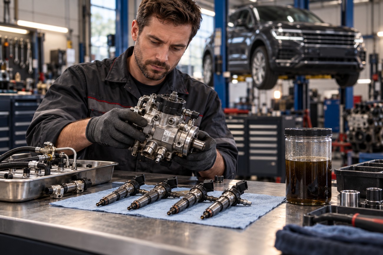 Mechanic wearing work gloves inspects a high-pressure diesel fuel pump at a workbench with fuel injectors and a VW Touareg in the background