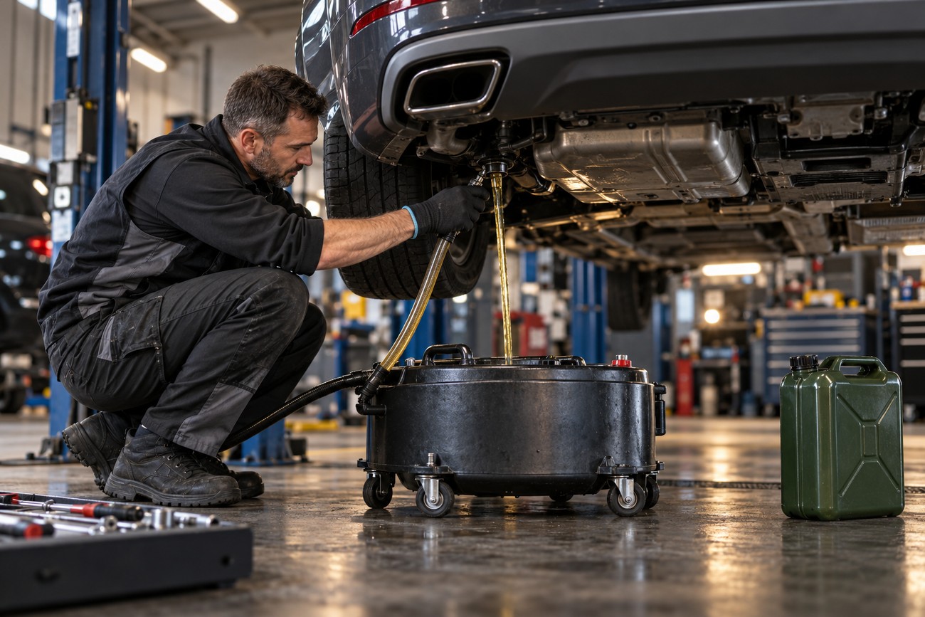 Mechanic draining incorrect fuel from the underside of a lifted diesel VW Touareg into a rolling container