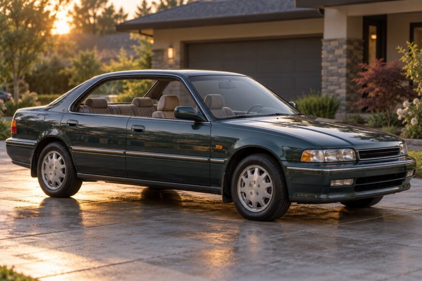 Dark green Honda Ascot Innova hardtop sedan parked on a driveway with doors and windows open during sunset