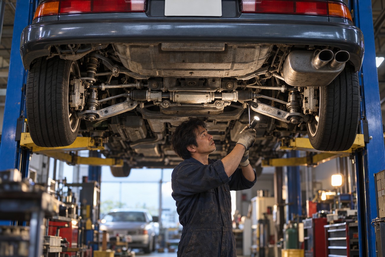 Mechanic in overalls inspecting the undercarriage of a Honda Ascot Innova lifted on a hydraulic hoist in a workshop