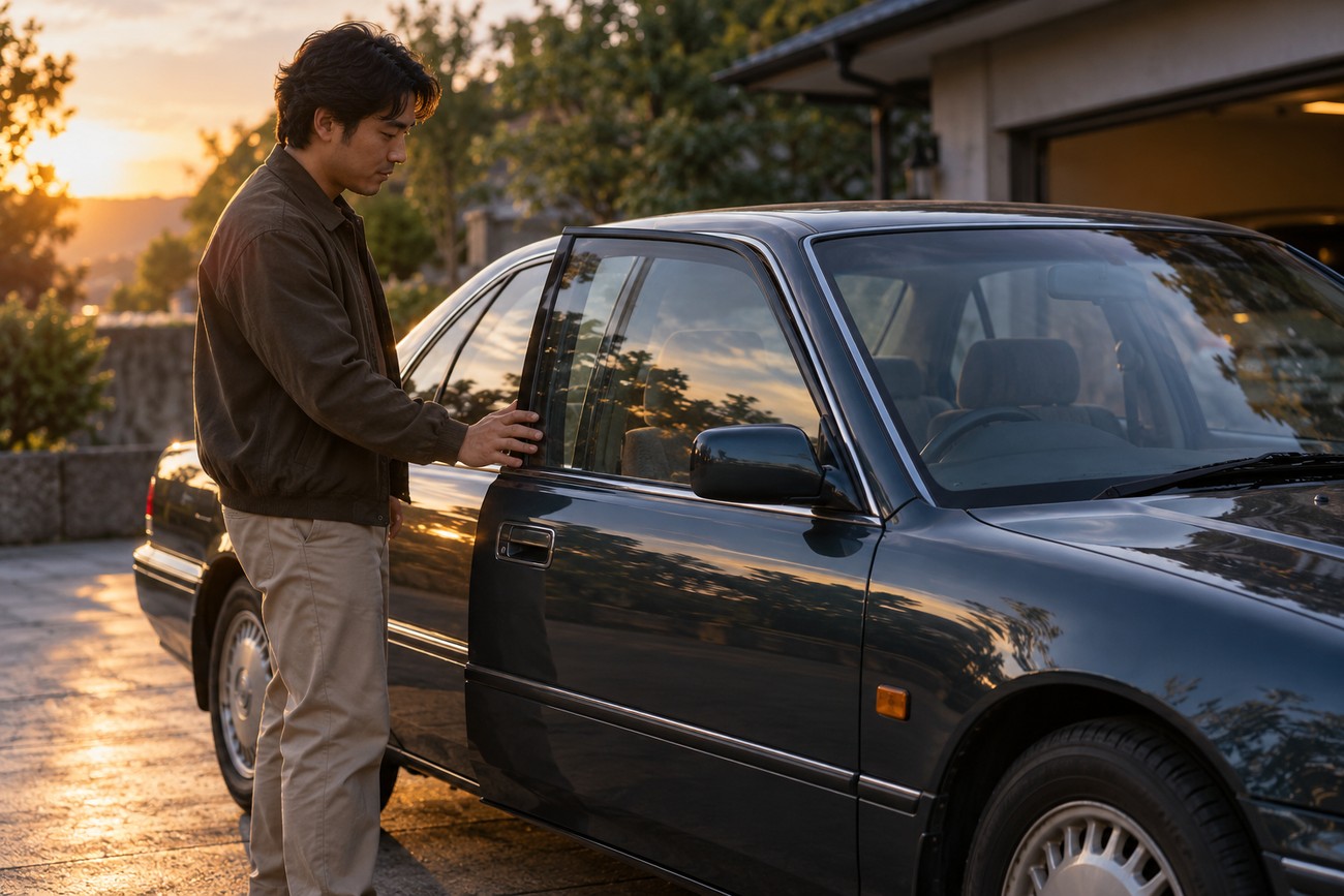 A man opening the front door of a dark green Honda Ascot Innova sedan parked outdoors at sunset