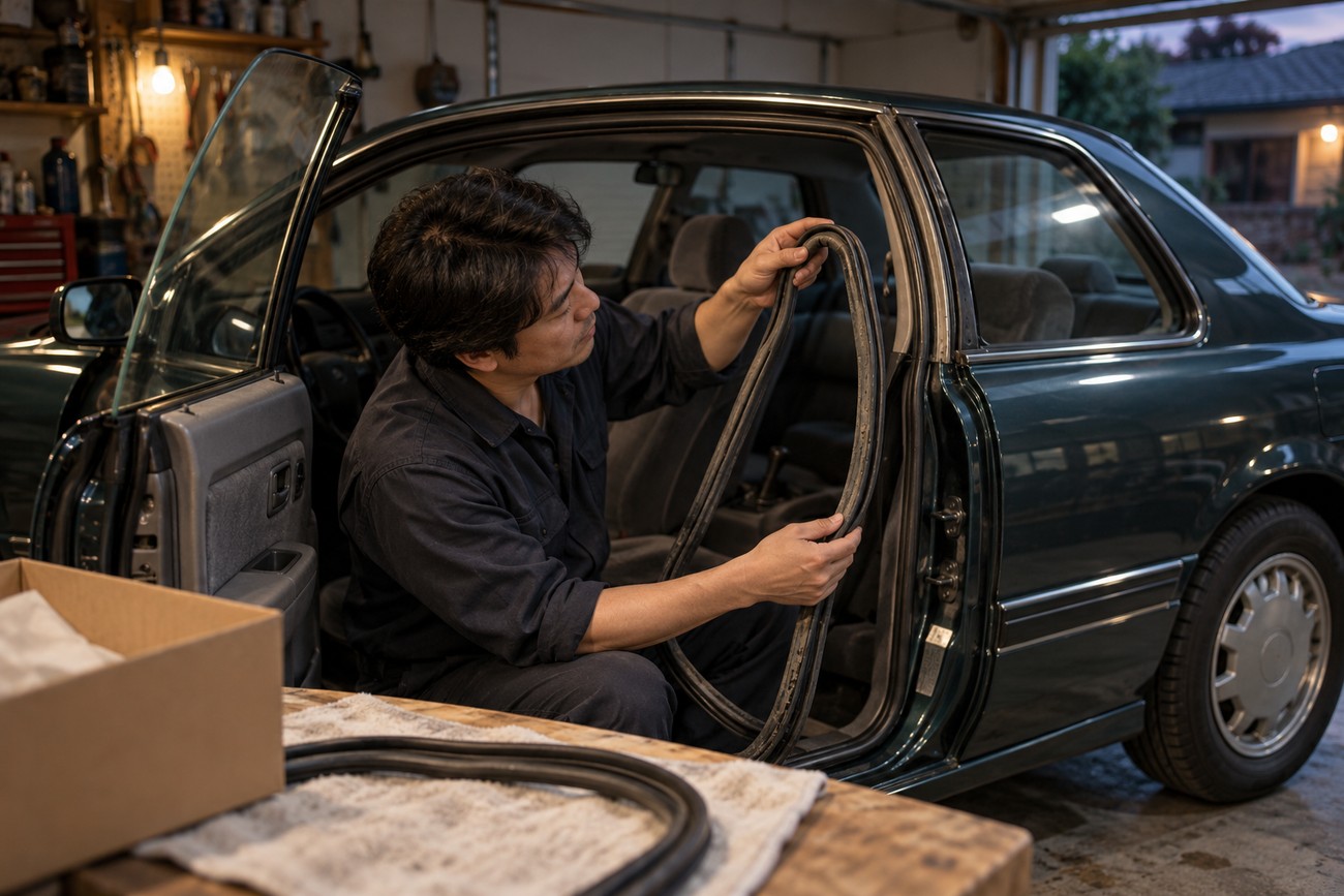 Mechanic installing rubber door weatherstripping on a dark green pillarless Honda Ascot Innova in a garage