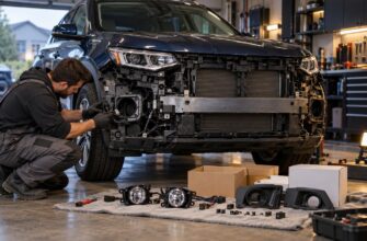 A mechanic working on the front bumper of a dark SUV in a garage with fog light parts laid out on the floor