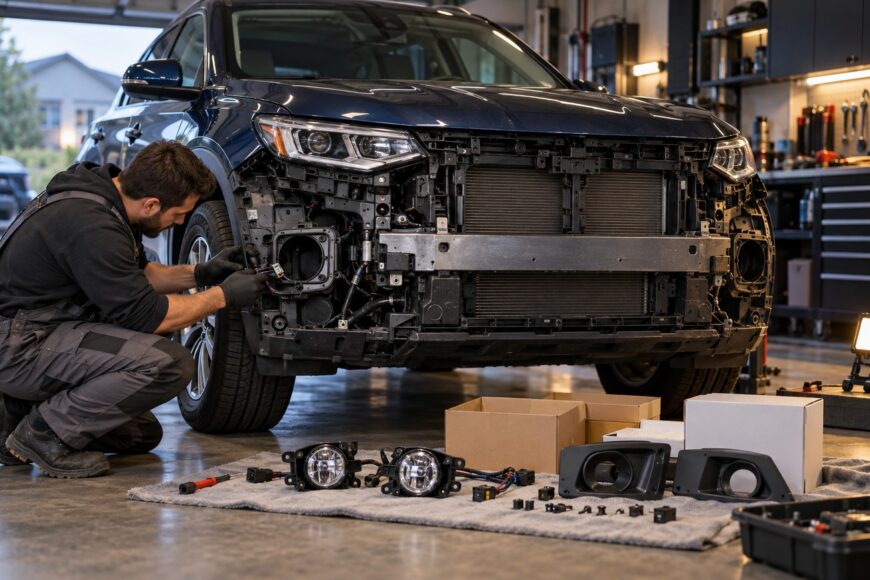 A mechanic working on the front bumper of a dark SUV in a garage with fog light parts laid out on the floor