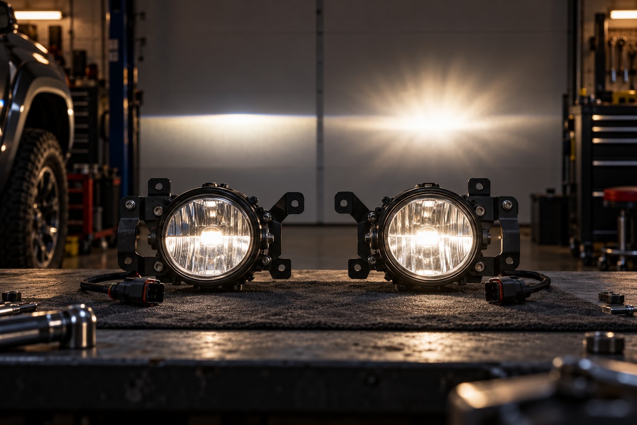 Two bright round LED fog lights glowing on a workbench inside an auto repair garage