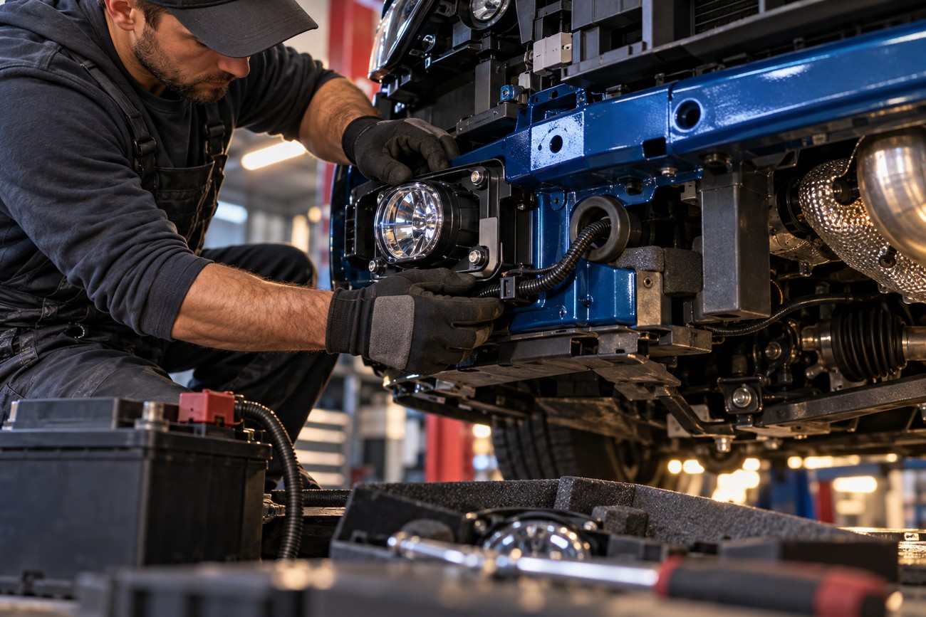 A mechanic wearing gloves is installing a fog light into the front bumper of a car