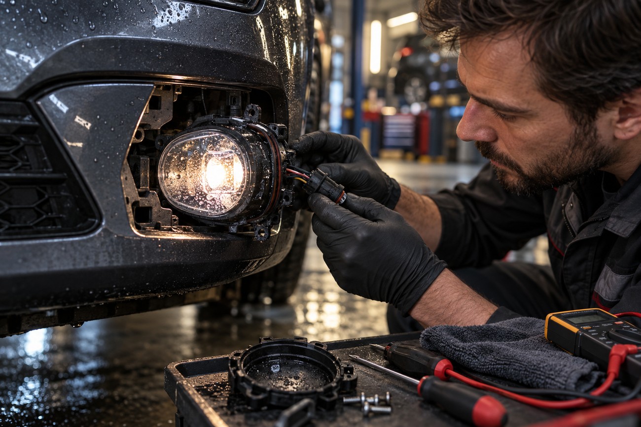Mechanic wearing black gloves connects wiring to a fog light in a vehicle bumper inside a garage