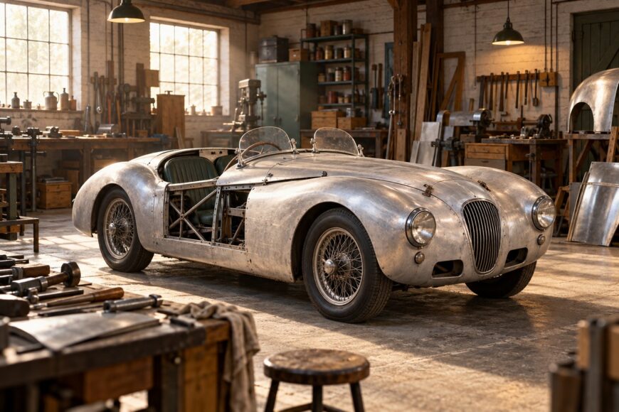 Unfinished aluminum body Jowett Jupiter sports car parked inside a vintage workshop with wooden workbench and tools
