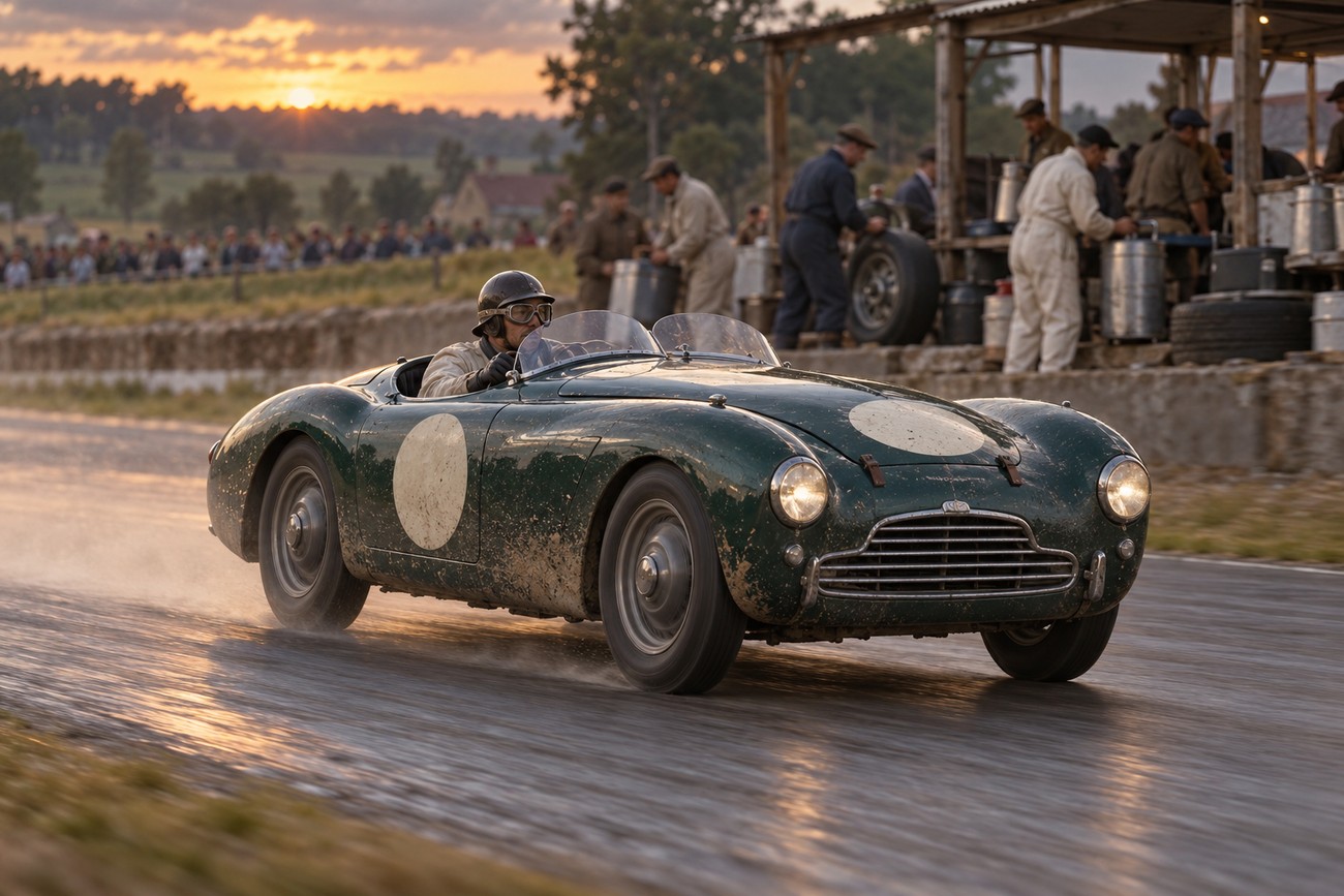Vintage green Jowett Jupiter sports car racing past the pits during sunset at Le Mans