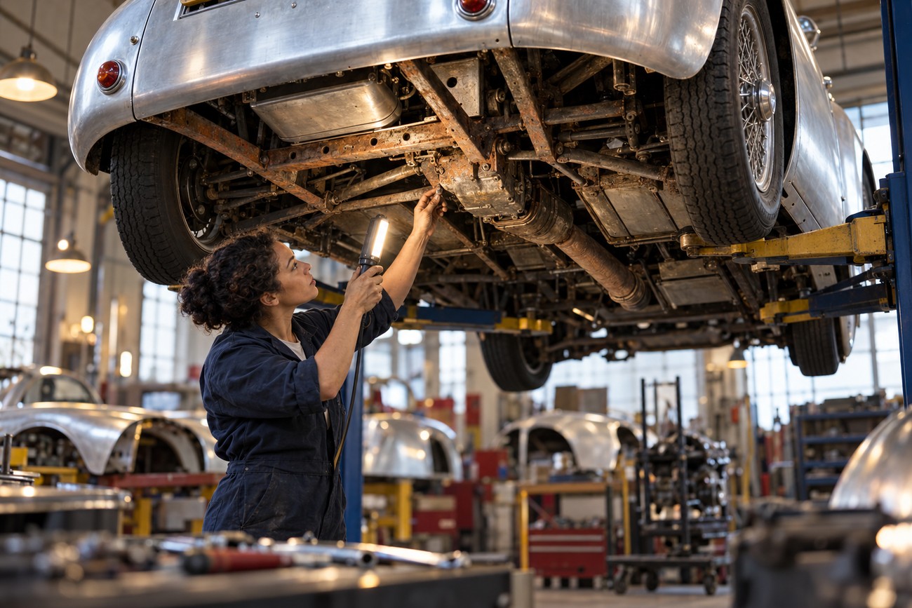 A female mechanic inspecting the undercarriage of a classic Jowett Jupiter car with a work light in a restoration garage