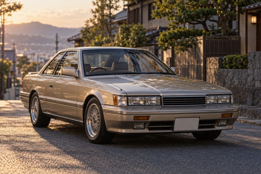 A classic gold Nissan Leopard F31 luxury coupe parked on a narrow street in Japan during sunset
