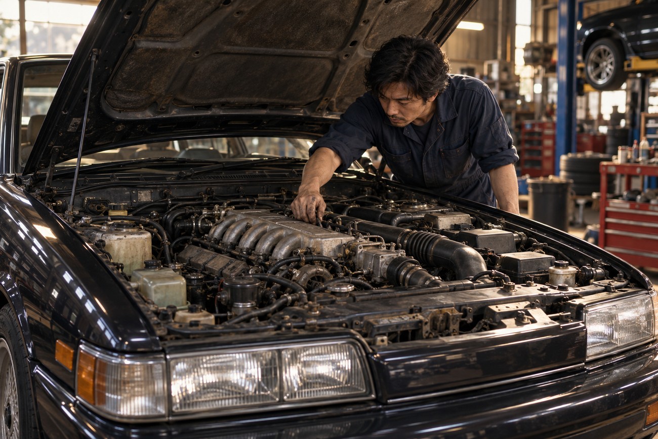Mechanic repairing the engine of a classic Nissan Leopard F31 coupe in a garage