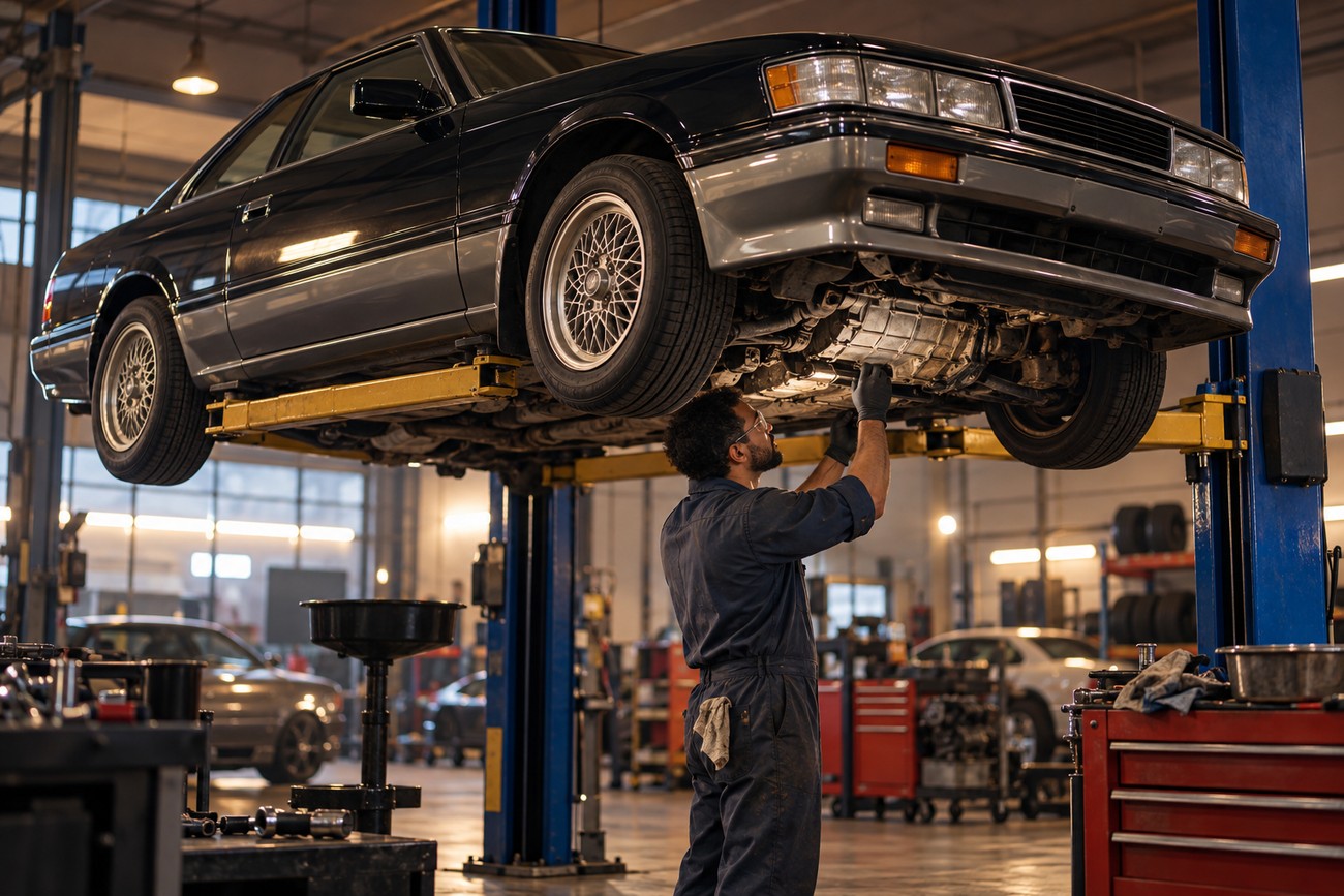 Mechanic in overalls inspecting the undercarriage of a black Nissan Leopard F31 lifted on a hydraulic hoist in a service garage