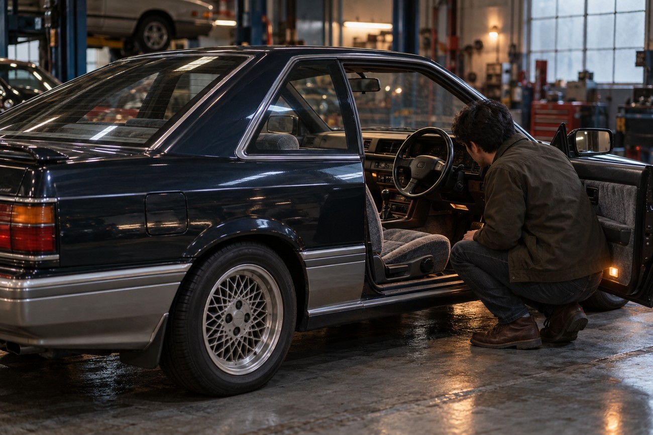 A mechanic crouches by the open door of a classic dark blue Nissan Leopard F31 coupe inside a brightly lit auto repair garage