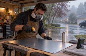 Man wearing a respirator and apron measuring surface temperature of a metal sheet with a thermometer before spray painting in a garage on a rainy day