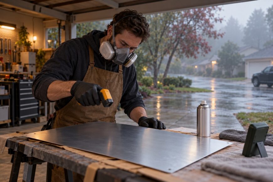Man wearing a respirator and apron measuring surface temperature of a metal sheet with a thermometer before spray painting in a garage on a rainy day