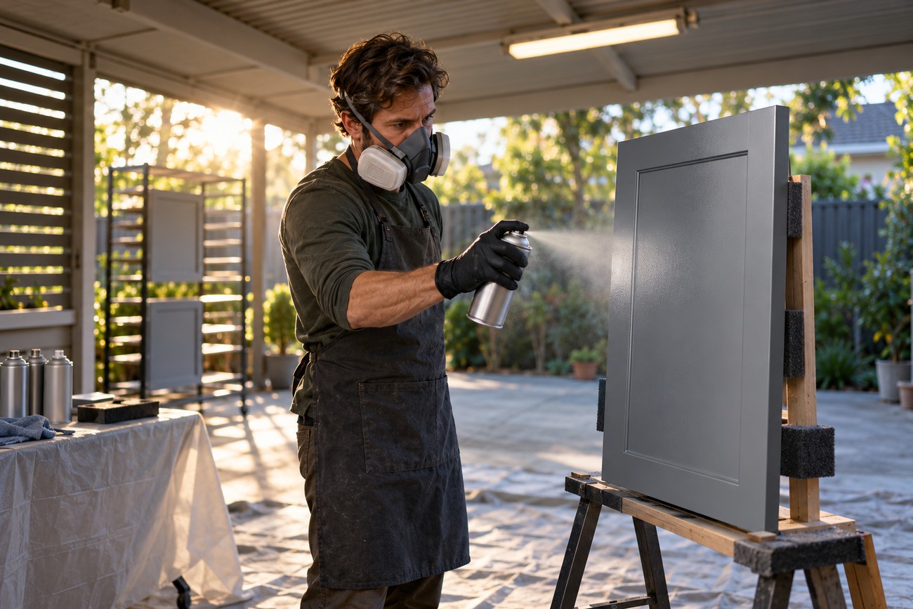 A man wearing a respirator mask and apron spray painting a grey cabinet door on a stand outdoors