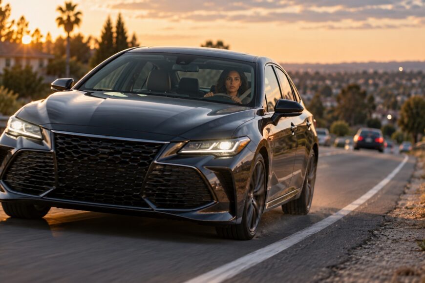 A focused female driver holding the steering wheel of a dark Toyota Avalon driving on a suburban road at sunset