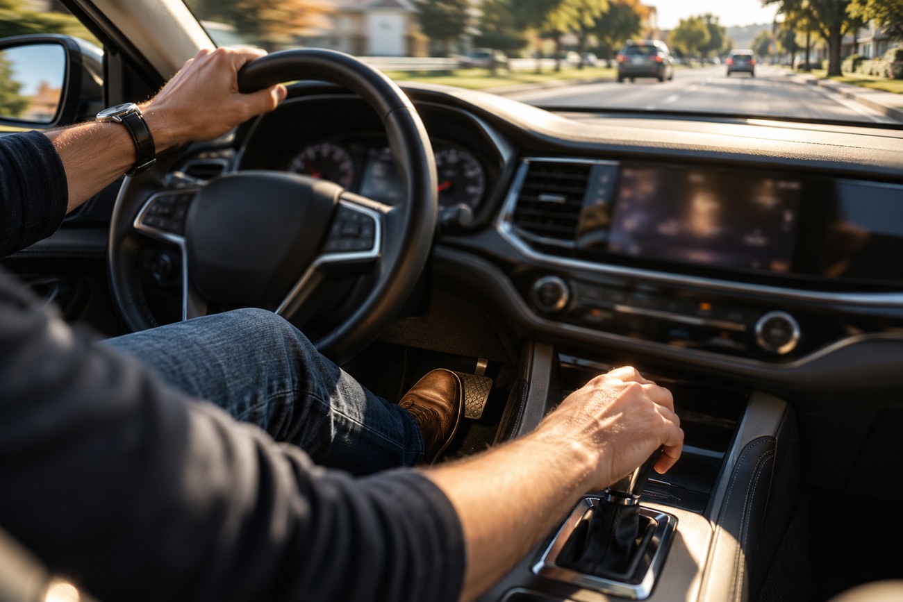 Driver holding the steering wheel and shifting gears inside a Toyota Avalon while driving on a sunny road