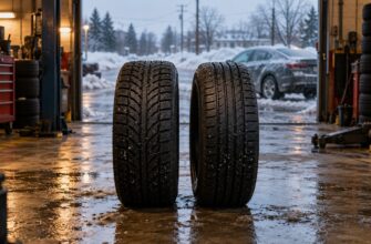 Two car tires standing upright on a wet garage floor facing a snowy winter street