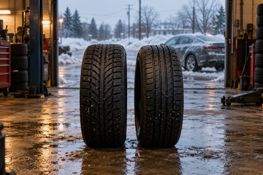 Two car tires standing upright on a wet garage floor facing a snowy winter street
