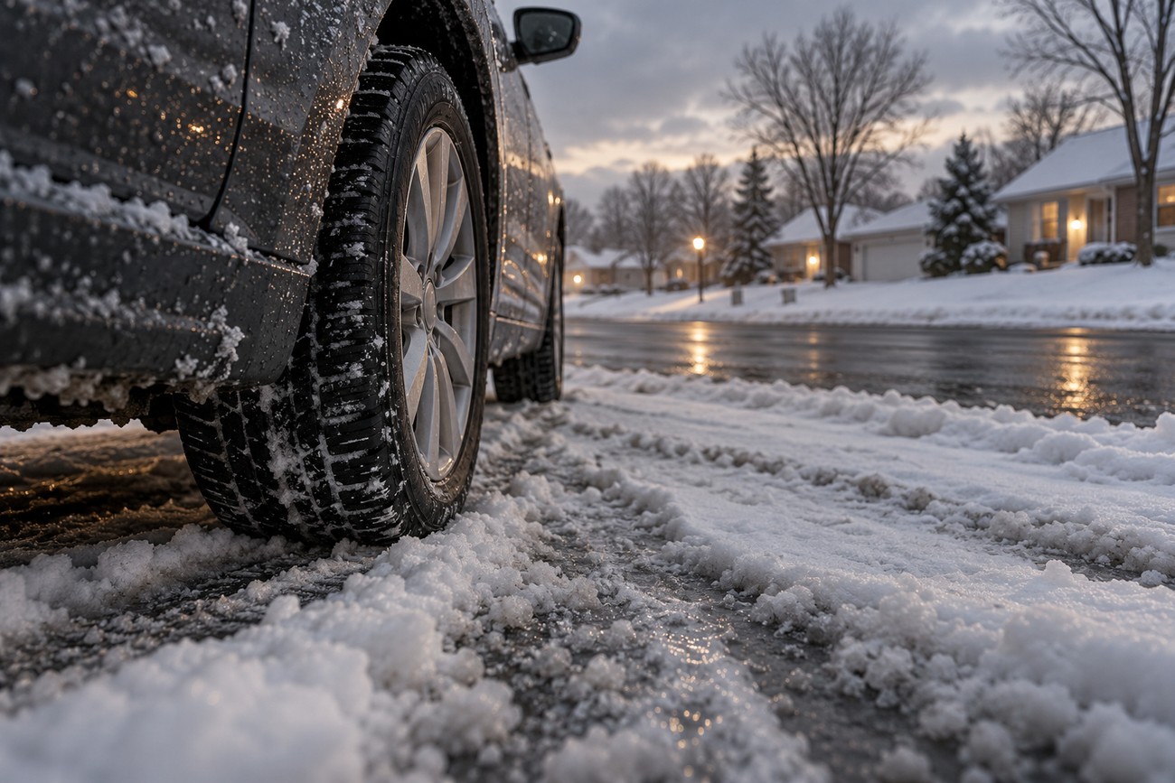 Close-up of a car tire parked on a snowy suburban street with tire tracks in the snow