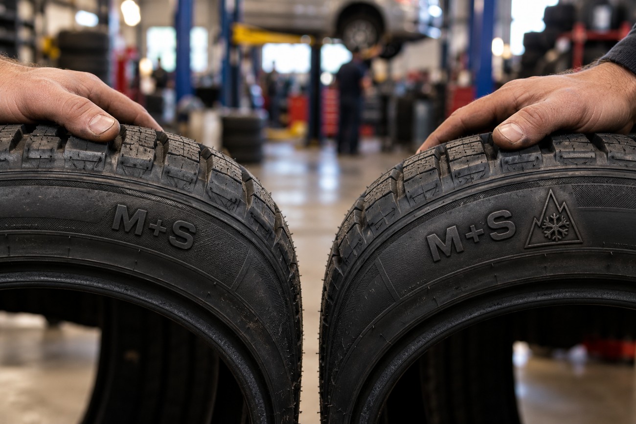 Mechanic comparing two tires with M+S and snowflake symbols in an auto repair shop