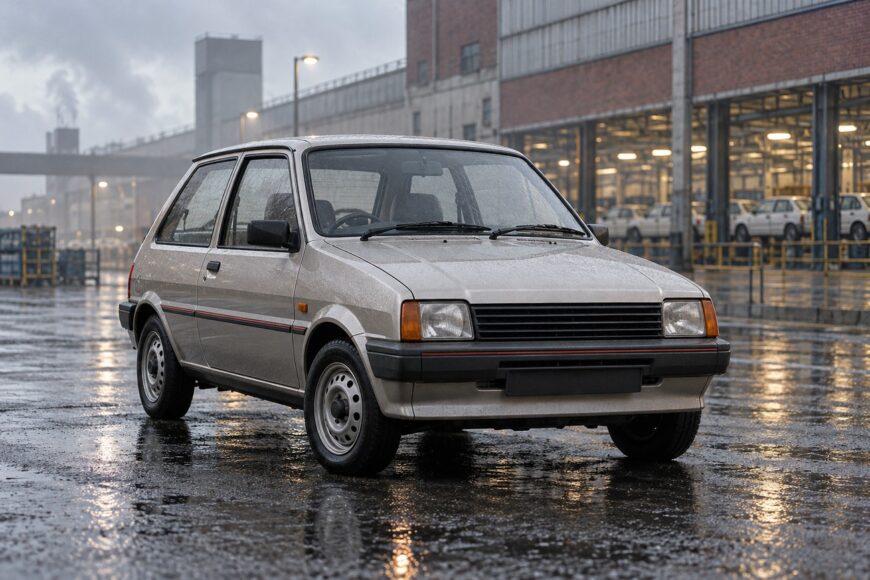 A silver Austin Metro hatchback parked on wet pavement in front of an industrial factory