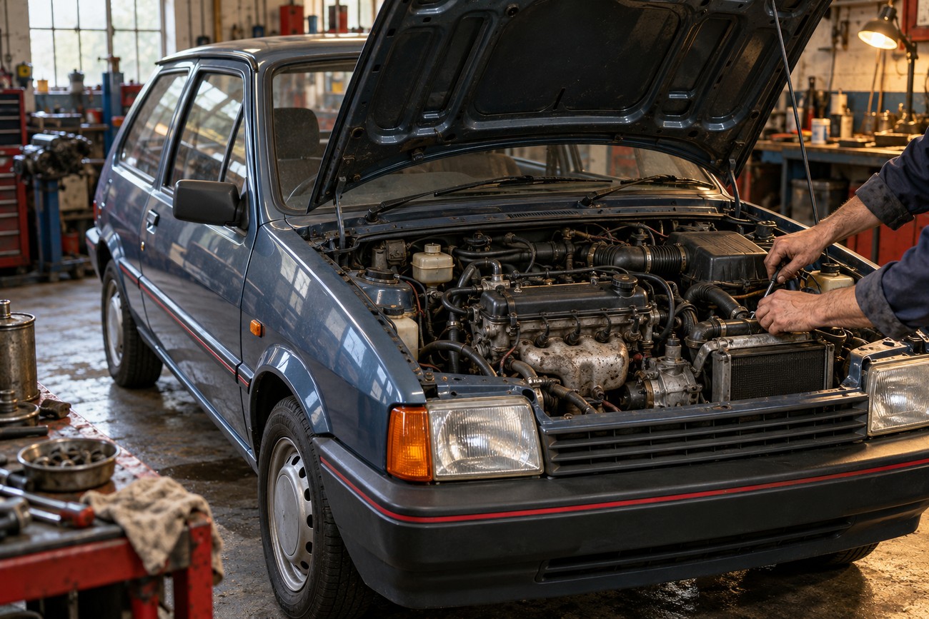 A mechanic working on the engine of a classic blue Austin Metro with its hood open inside a repair shop