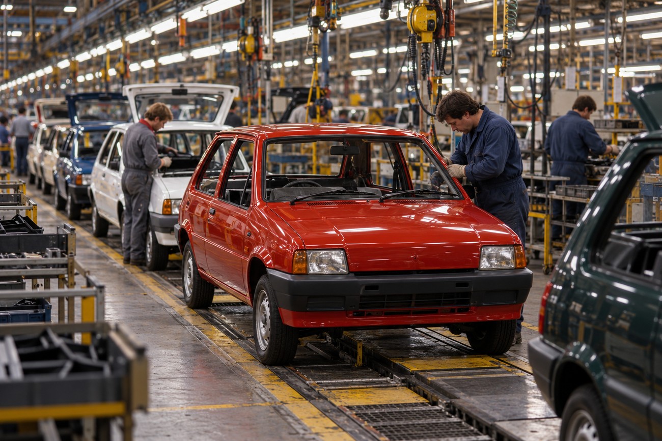 Factory workers assembling a red Austin Metro car on the production line at a British Leyland plant