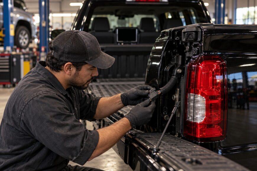 Mechanic wearing gloves repairing the wiring harness near the tailgate of a black Chevrolet Silverado truck in a garage