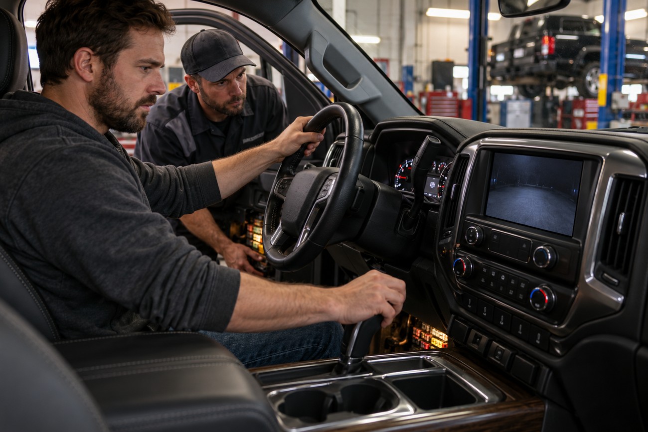 A mechanic assisting a car owner inside the cabin of a Chevrolet Silverado while checking the dashboard screen