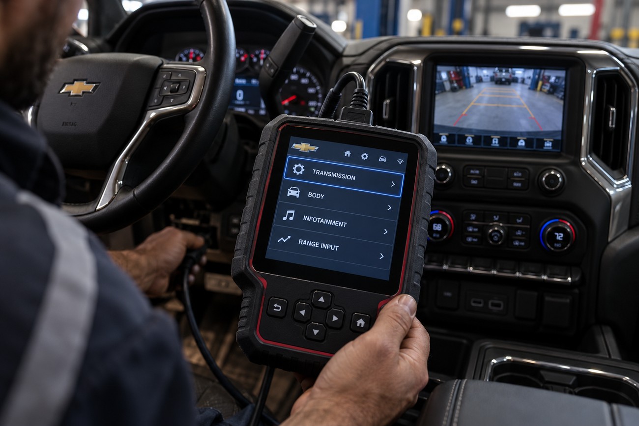 Mechanic holding a diagnostic scanner inside a Chevrolet Silverado cabin while checking the infotainment system