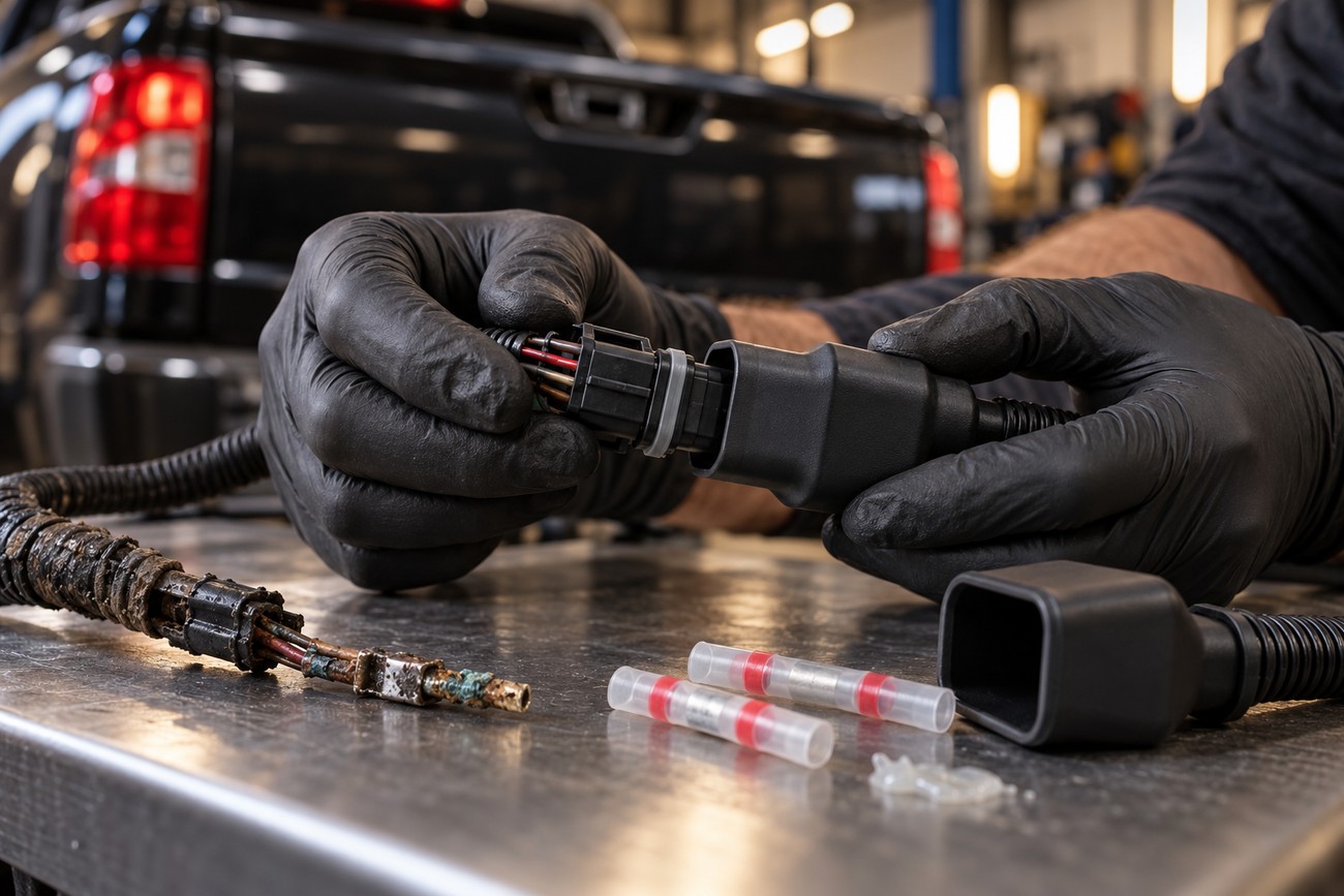 A mechanic in black gloves inspecting a backup camera wiring harness connector in a repair shop