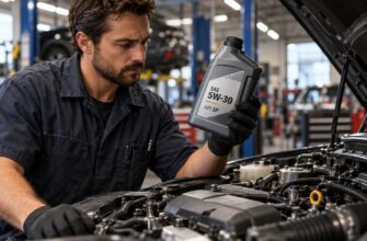 A mechanic wearing gloves examines a bottle of 5W-30 motor oil in an auto repair shop