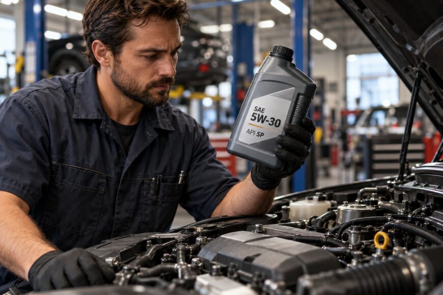 A mechanic wearing gloves examines a bottle of 5W-30 motor oil in an auto repair shop