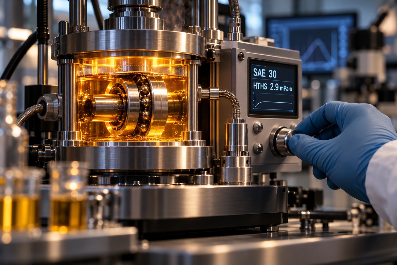 A gloved hand adjusts the control knob of a laboratory testing device measuring engine oil viscosity with a visible display showing SAE 30 and HTHS data
