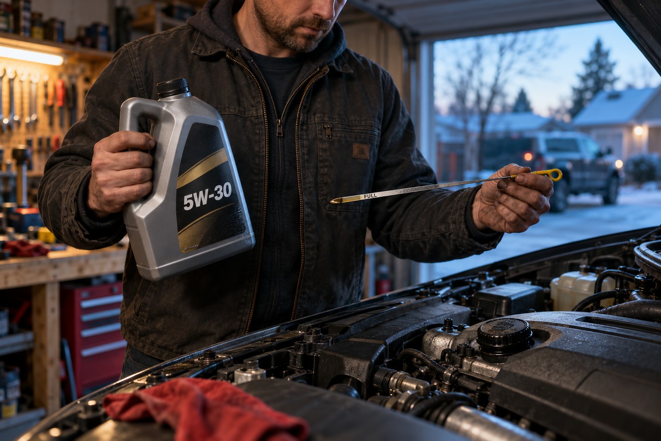 Mechanic holding a jug of 5W-30 engine oil and checking the dipstick near a car engine in a garage