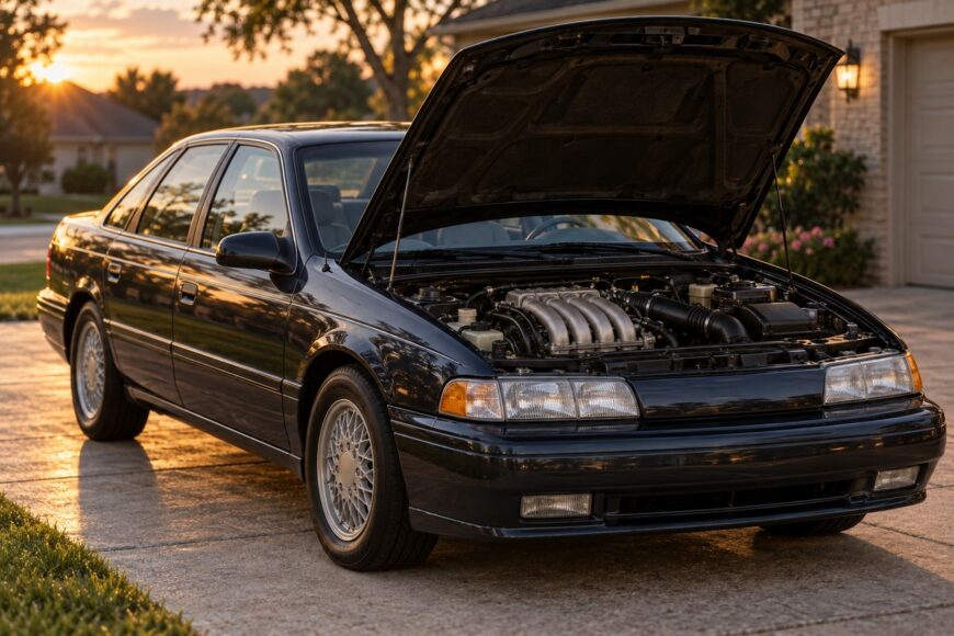 A black Ford Taurus SHO parked in a driveway with its hood open revealing the Yamaha V6 engine at sunset