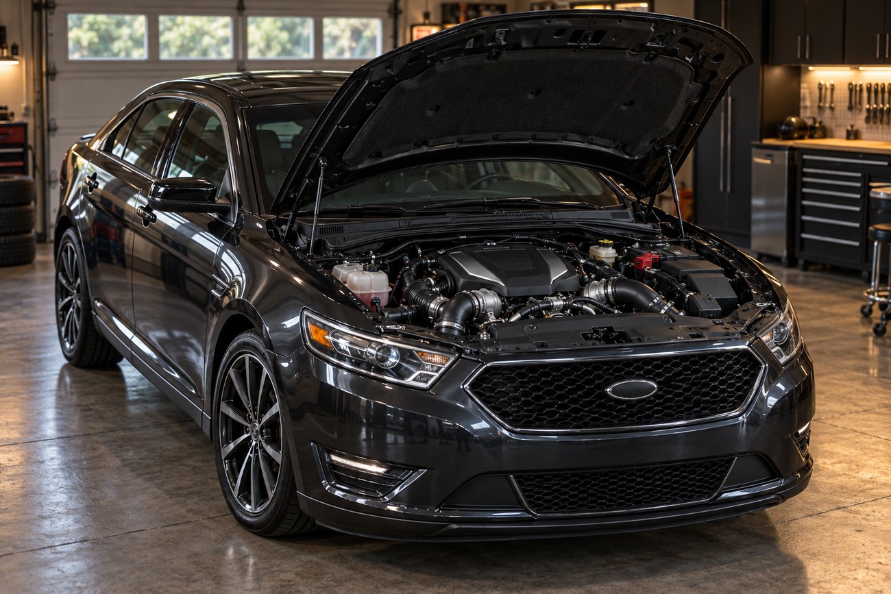Black Ford Taurus SHO sedan with its hood open in a brightly lit garage revealing the engine