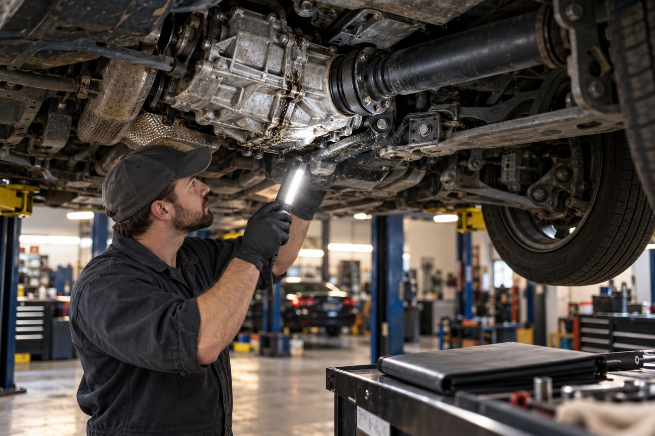 A mechanic wearing gloves and a cap inspects the undercarriage of a Ford Taurus SHO with a work light in a garage