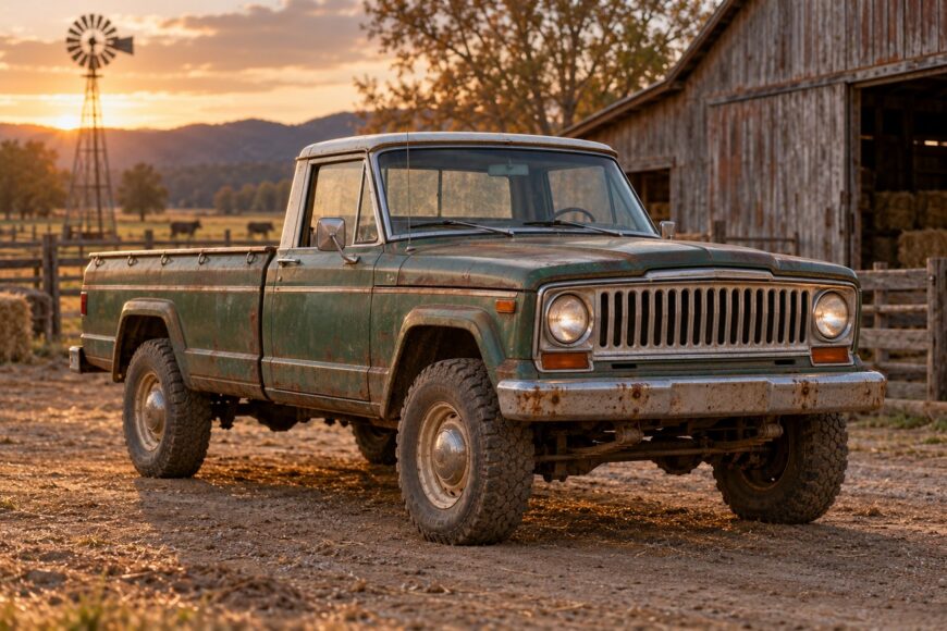A vintage green Jeep Gladiator SJ pickup truck parked on a rural farm near a weathered wooden barn during sunset