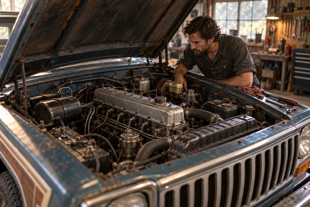 A mechanic wearing overalls inspects the vintage engine under the open hood of a classic Jeep Gladiator SJ pickup truck in a workshop