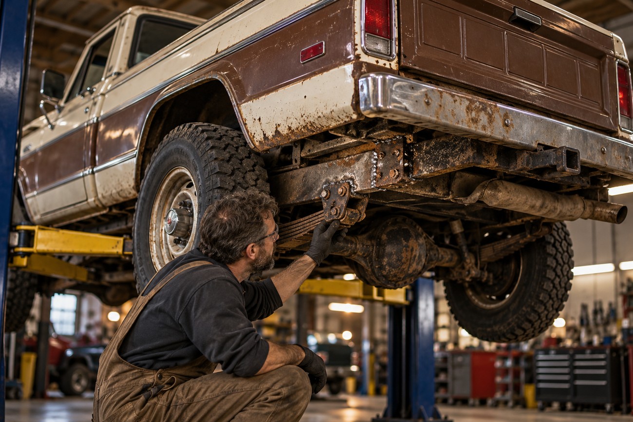 Mechanic in overalls inspecting the rusty leaf spring suspension of a vintage Jeep Gladiator SJ lifted in a repair shop