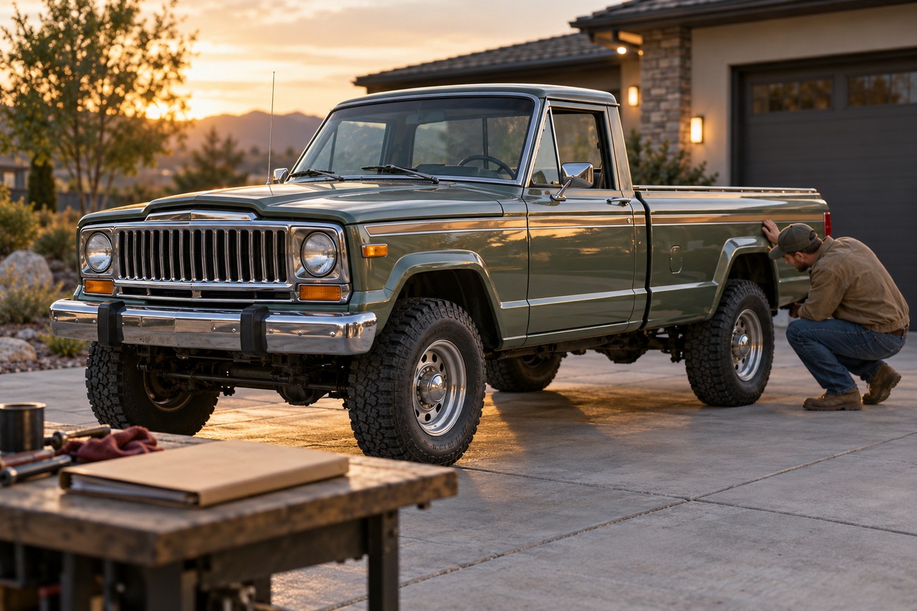 A man crouching next to a classic green Jeep Gladiator SJ pickup truck parked in a driveway at sunset