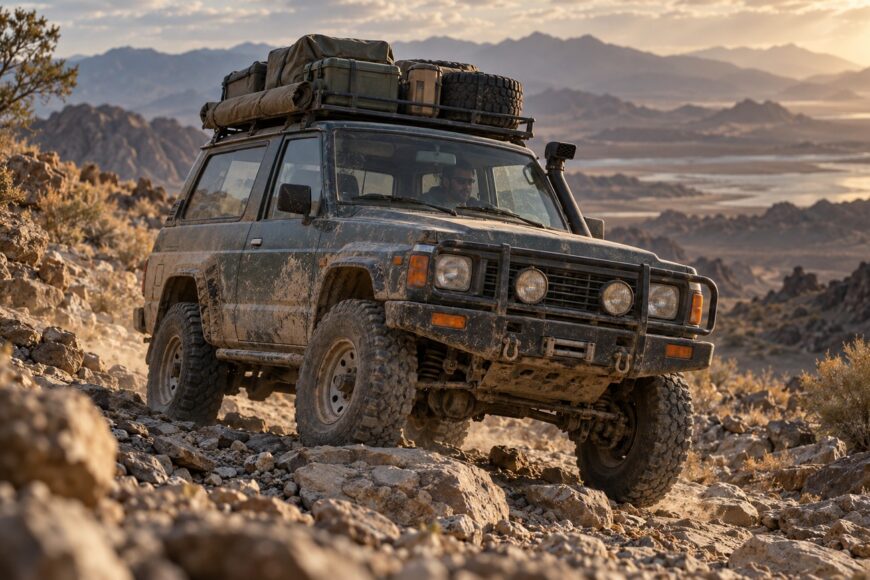 Modified dark green Nissan Patrol Y60 with a roof rack driving over rocks on a mountain trail